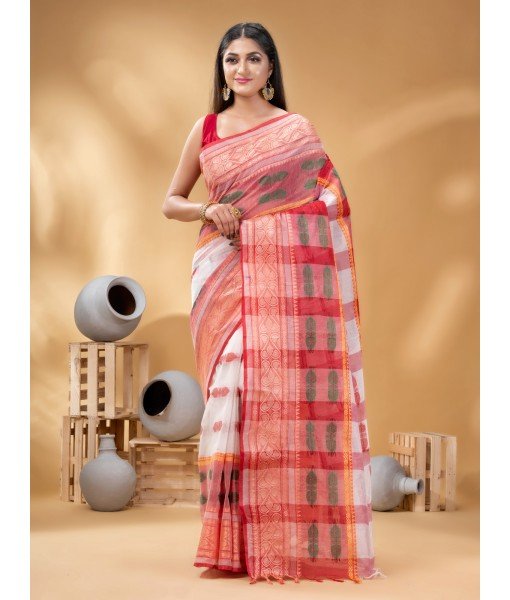 Bengal Cotton Women's Tant Cotton Saree (Red White)