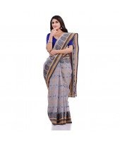 DESH BIDESH Women`s Traditional Pure Cotton Handloom Saree Woven Paisley Kolka Designer Without Blouse Piece (Gray)