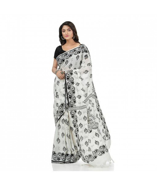  Pure Cotton Sreemoyee Design Handloom Saree with Blouse Piece (White Black)