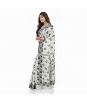  Pure Cotton Sreemoyee Design Handloom Saree with Blouse Piece (White Black)