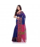 Tant Cotton Silk Handloom Cotton Saree Pushpomala With Blouse Piece (Blue Pink)