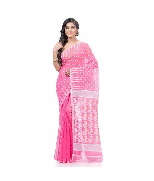 Resham Dhakai Jamdani Bengal Pure Cotton Handloom Saree Diamond Queen Design (Pink)