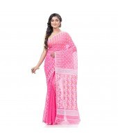 Resham Dhakai Jamdani Bengal Pure Cotton Handloom Saree Diamond Queen Design (Pink)