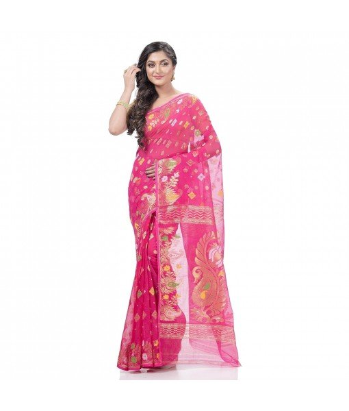 Mayur Pekham Zari Work Resham Dhakai Jamdani Pure Cotton Handloom Saree (Pink)