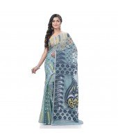 Resham Dhakai Jamdani Pure Cotton Handloom Saree Lojjaboti Design without Blouse Piece (Firoza Blue)