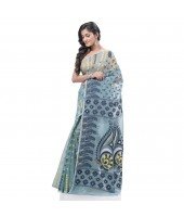 Resham Dhakai Jamdani Pure Cotton Handloom Saree Lojjaboti Design without Blouse Piece (Firoza Blue)