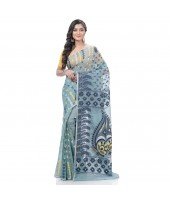 Resham Dhakai Jamdani Pure Cotton Handloom Saree Lojjaboti Design without Blouse Piece (Firoza Blue)