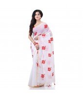  Handloom Cotton Blend Saree Hibicus Joba Flower Embroidery Design With Blouse Piece (White)