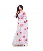  Handloom Cotton Blend Saree Hibicus Joba Flower Embroidery Design With Blouse Piece (White)