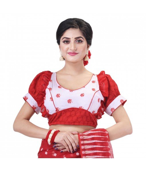 dB DESH BIDESH Women's Hakoba Cotton Schiffli Fabric Short Sleeve Round-Neck Readymade Saree Blouse (38 Size+2 inch Margin)