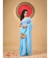  Fancy Trendy Solid Transparent Design Pure Cotton Handloom MulMul Saree (Blue)