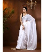 Fancy Trendy Solid Transparent Design Pure Cotton Handloom MulMul Saree (White)