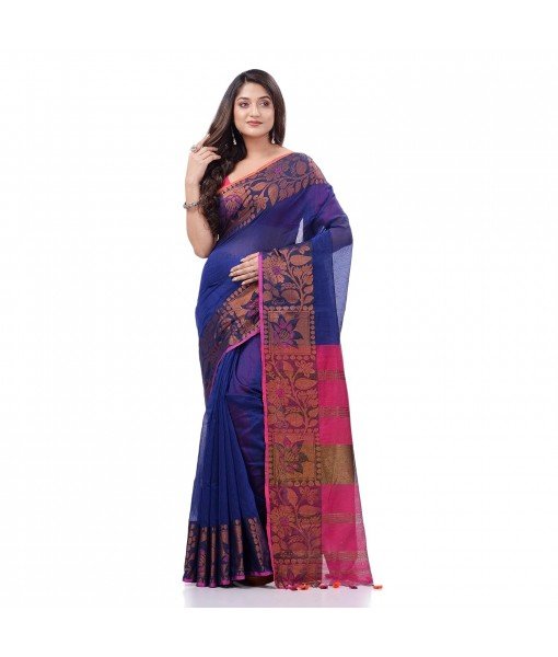 Tant Cotton Silk Handloom Cotton Saree Pushpomala With Blouse Piece  (Red Blue)