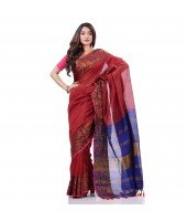 Tant Cotton Silk Handloom Cotton Saree Pushpomala With Blouse Piece  (Red Blue)