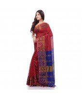 Tant Cotton Silk Handloom Cotton Saree Pushpomala With Blouse Piece  (Red Blue)