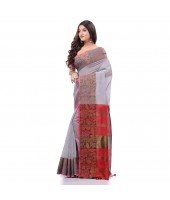 Tant Cotton Silk Handloom Cotton Saree Pushpomala With Blouse Piece (Gray Red)