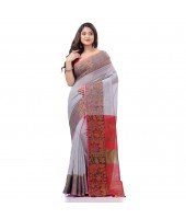 Tant Cotton Silk Handloom Cotton Saree Pushpomala With Blouse Piece (Gray Red)