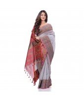 Tant Cotton Silk Handloom Cotton Saree Pushpomala With Blouse Piece (Gray Red)