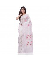  Rangabati Resham Dhakai Jamdani Pure Cotton Handloom Saree without Blouse Piece (White)