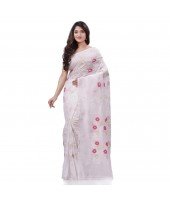  Rangabati Resham Dhakai Jamdani Pure Cotton Handloom Saree without Blouse Piece (White)