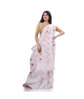  Rangabati Resham Dhakai Jamdani Pure Cotton Handloom Saree without Blouse Piece (White)