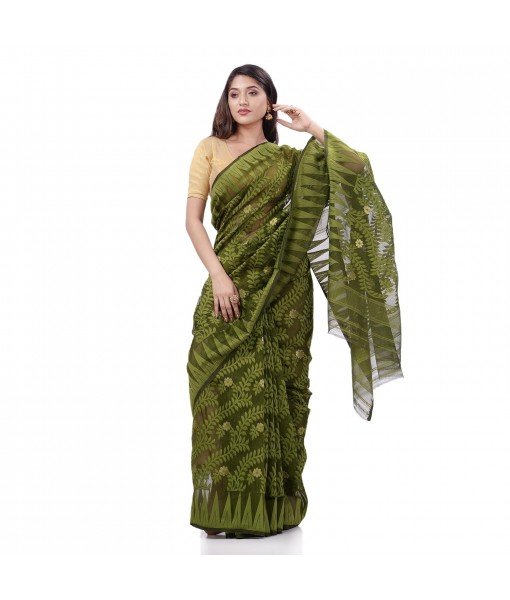 Tamarind Leaf Resham Dhakai Jamdani Pure Cotton Handloom Saree Design without Blouse Piece(Green White)