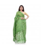 Tamarind Leaf Resham Dhakai Jamdani Pure Cotton Handloom Saree Design without Blouse Piece(Green White)