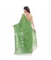 Tamarind Leaf Resham Dhakai Jamdani Pure Cotton Handloom Saree Design without Blouse Piece(Green White)