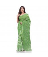 Tamarind Leaf Resham Dhakai Jamdani Pure Cotton Handloom Saree Design without Blouse Piece(Green White)