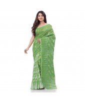 Tamarind Leaf Resham Dhakai Jamdani Pure Cotton Handloom Saree Design without Blouse Piece(Green White)