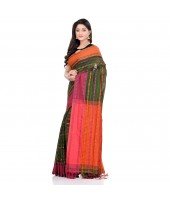 Traditional Bengali Begampuri Handloom Cotton Saree With Blouse Piece (Pesta Green Orange)