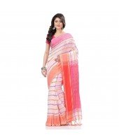  Traditional Bengali Begampuri  Handloom Cotton Saree With Blouse Piece(White PInk)