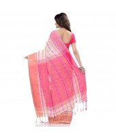  Traditional Bengali Begampuri  Handloom Cotton Saree With Blouse Piece(White PInk)