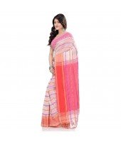  Traditional Bengali Begampuri  Handloom Cotton Saree With Blouse Piece(White PInk)