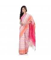  Traditional Bengali Begampuri  Handloom Cotton Saree With Blouse Piece(White PInk)