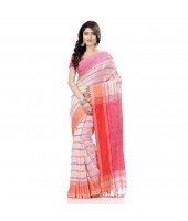  Traditional Bengali Begampuri  Handloom Cotton Saree With Blouse Piece(White PInk)