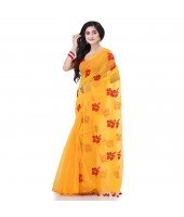  Handloom Cotton Blend Saree Hibicus Joba Flower Embroidery Design With Blouse Piece (Yellow)