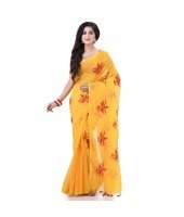  Handloom Cotton Blend Saree Uma Embroidery Work Design With Blouse Piece (Yellow)