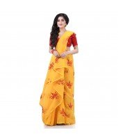  Handloom Cotton Blend Saree Uma Embroidery Work Design With Blouse Piece (Yellow)