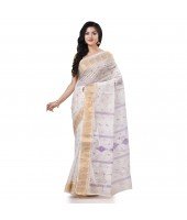  Bengal Tant Zari Kerala Printed Pure Handloom Cotton Saree Without Blouse Piece (White Gold)