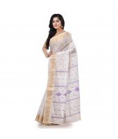  Bengal Tant Zari Kerala Printed Pure Handloom Cotton Saree Without Blouse Piece (White Gold)