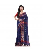 Cotton Silk Handloom Cotton Blend Saree Navratri Design With Blouse Piece (Deep Blue)