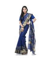  Cotton Silk Handloom Cotton Blend Saree Pushpomala Work With Blouse Piece (Blue)