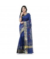  Cotton Silk Handloom Cotton Blend Saree Pushpomala Work With Blouse Piece (Blue)