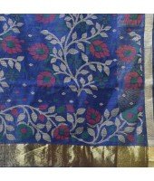  Cotton Silk Handloom Cotton Blend Saree Pushpomala Work With Blouse Piece (Blue)