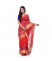 Cotton Silk Handloom Cotton Blend Saree Pushpomala Work With Blouse Piece (Red)