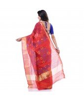 Cotton Silk Handloom Cotton Blend Saree Pushpomala Work With Blouse Piece (Red)