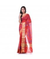 Cotton Silk Handloom Cotton Blend Saree Pushpomala Work With Blouse Piece (Red)