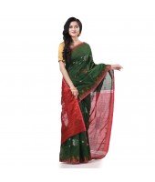 Cotton Silk Handloom Cotton Blend Saree Jharbati Work With Blouse Piece (Green Red)