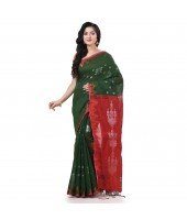 Cotton Silk Handloom Cotton Blend Saree Jharbati Work With Blouse Piece (Green Red)